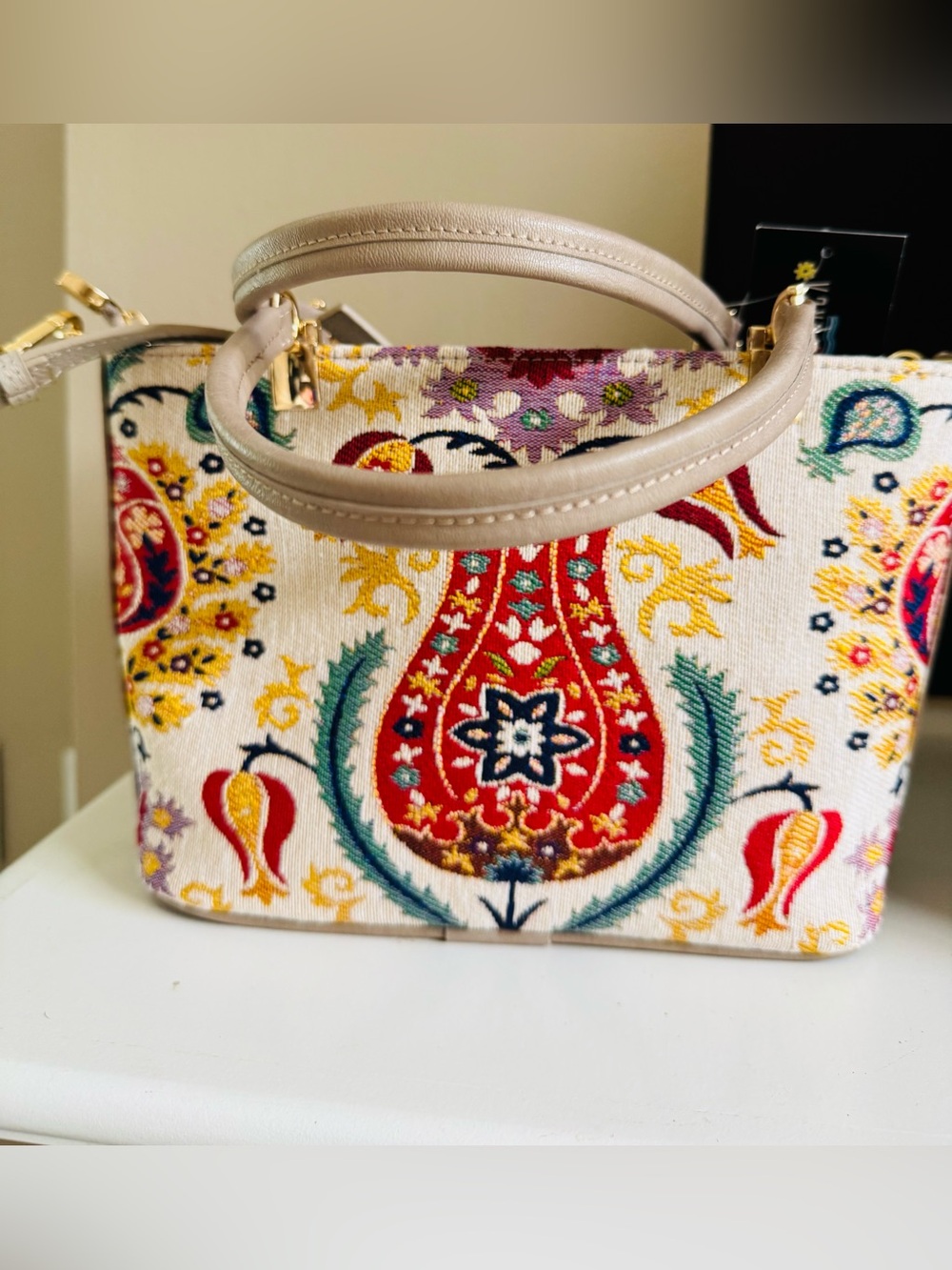 Turkey Embroidered Floral Canvas Tote in Beige and Red